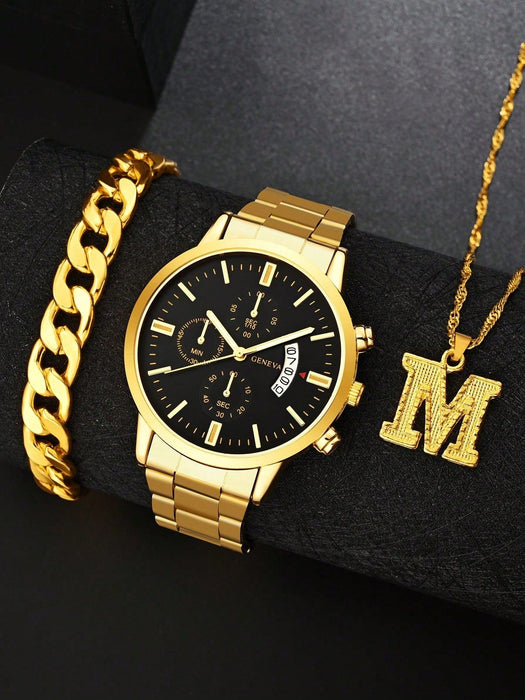 Shein Conjunto de reloj para hombre. Incluye collar con letra J, pulsera y reloj con fecha - Quierox - Tienda Online