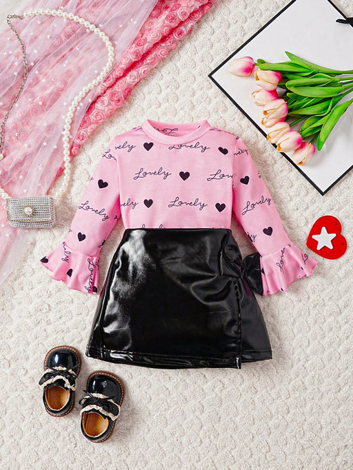 Shein Conjunto de top de manga larga de punto y falda de cuero sintético para bebé niña - Quierox - Tienda Online