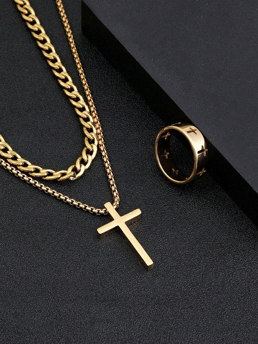 SHEIN Conjunto de tres piezas de joyería de oro para hombre, collar, pulsera y anillo con cruz - Quierox - Tienda Online