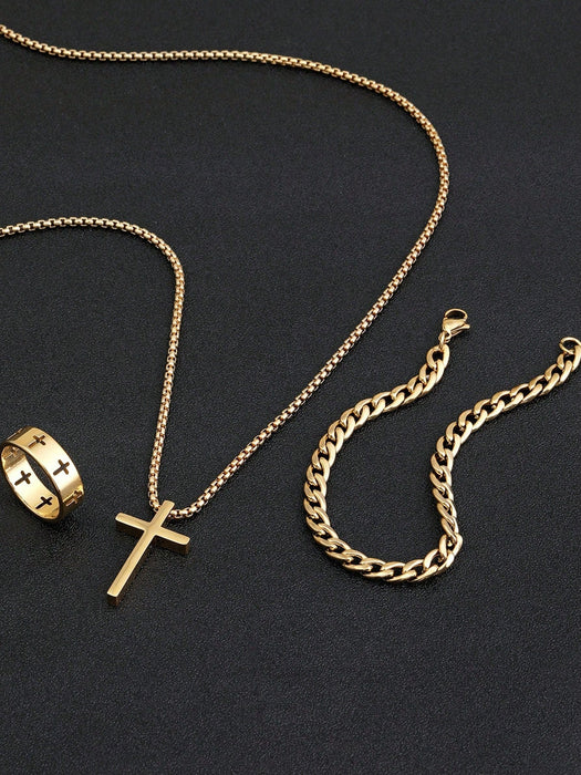SHEIN Conjunto de tres piezas de joyería de oro para hombre, collar, pulsera y anillo con cruz - Quierox - Tienda Online