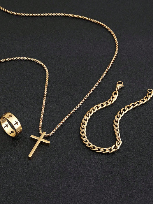 SHEIN Conjunto de tres piezas de joyería de oro para hombre, collar, pulsera y anillo con cruz - Quierox - Tienda Online