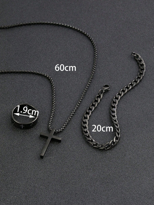 Shein Conjunto de tres piezas de joyería negra para hombre: collar, pulsera y anillo con cruz - Quierox - Tienda Online