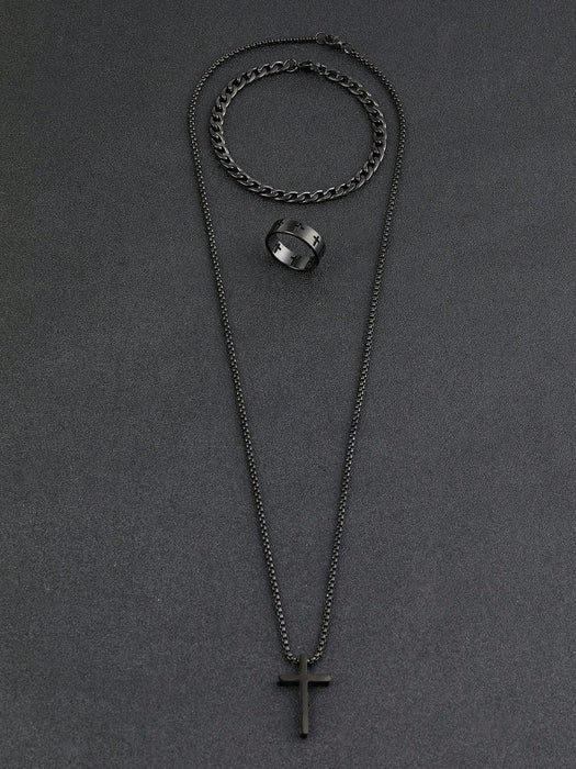 Shein Conjunto de tres piezas de joyería negra para hombre: collar, pulsera y anillo con cruz - Quierox - Tienda Online
