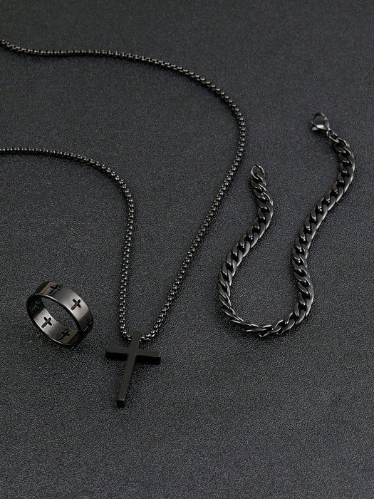 Shein Conjunto de tres piezas de joyería negra para hombre: collar, pulsera y anillo con cruz - Quierox - Tienda Online