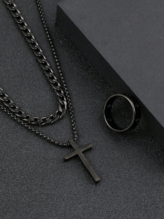 Shein Conjunto de tres piezas de joyería negra para hombre: collar, pulsera y anillo con cruz - Quierox - Tienda Online