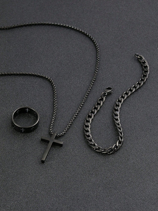 Shein Conjunto de tres piezas de joyería negra para hombre: collar, pulsera y anillo con cruz - Quierox - Tienda Online