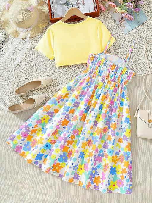 SHEIN Conjunto de vestido largo de tirantes con estampado de flores de dopamina y chaqueta corta de color liso para niñas - Quierox - Tienda Online