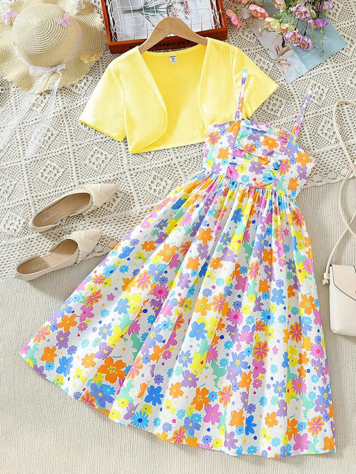 SHEIN Conjunto de vestido largo de tirantes con estampado de flores de dopamina y chaqueta corta de color liso para niñas - Quierox - Tienda Online