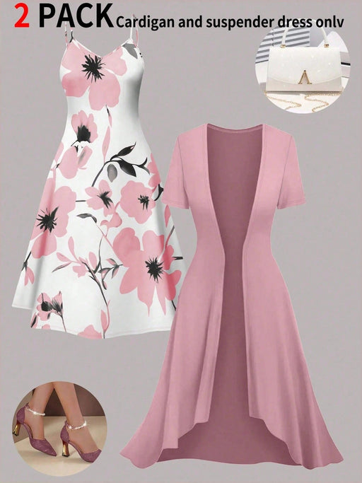 Shein Conjunto de vestido lencero vintage con estampado floral y cárdigan de color liso - Quierox - Tienda Online