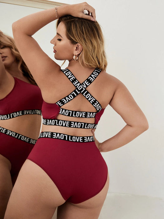 SHEIN Conjunto deportivo de lencería de sujetador y tanga con cinta de letras - Quierox - Tienda Online