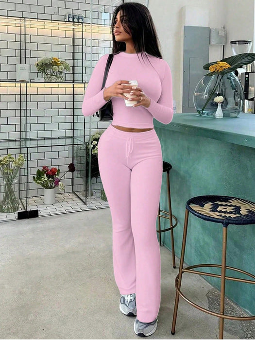 Shein Conjunto deportivo de moda para mujer: top corto de manga larga y pantalones acampanados ajustados - Quierox - Tienda Online
