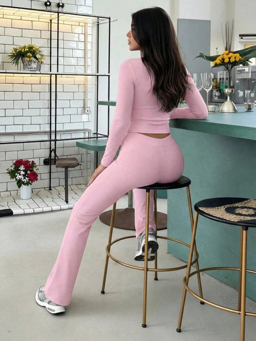 Shein Conjunto deportivo de moda para mujer: top corto de manga larga y pantalones acampanados ajustados - Quierox - Tienda Online