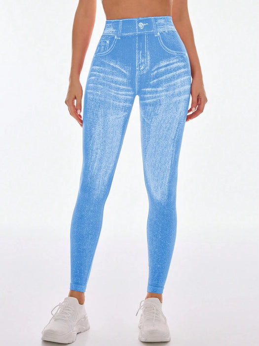 SHEIN Core Rhythm Leggings de fitness casuales con efecto de mezclilla - Quierox - Tienda Online