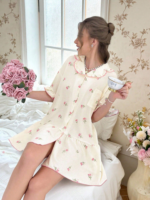 SHEIN CottageSlumber Vestido de pijama de mujer con mangas cortas,estampado floral - Quierox - Tienda Online