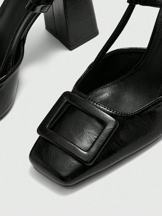 SHEIN CUCCOO BIZCHIC Bombas de cuero sintético marrón con tacón grueso - Quierox - Tienda Online