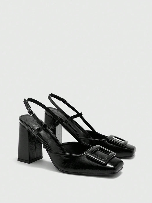 SHEIN CUCCOO BIZCHIC Bombas de cuero sintético marrón con tacón grueso - Quierox - Tienda Online