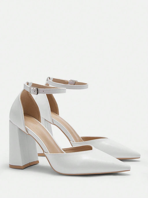 SHEIN CUCCOO BIZCHIC Zapatos de tacón alto blancos con punta en V y tira al tobillo - Quierox - Tienda Online