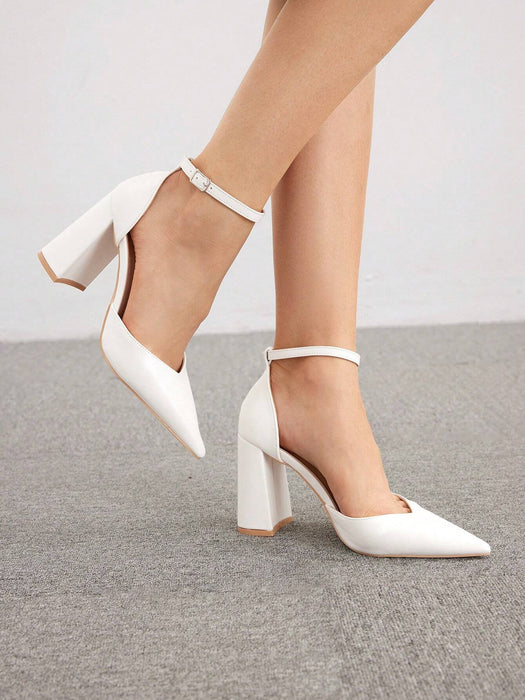 SHEIN CUCCOO BIZCHIC Zapatos de tacón alto blancos con punta en V y tira al tobillo - Quierox - Tienda Online