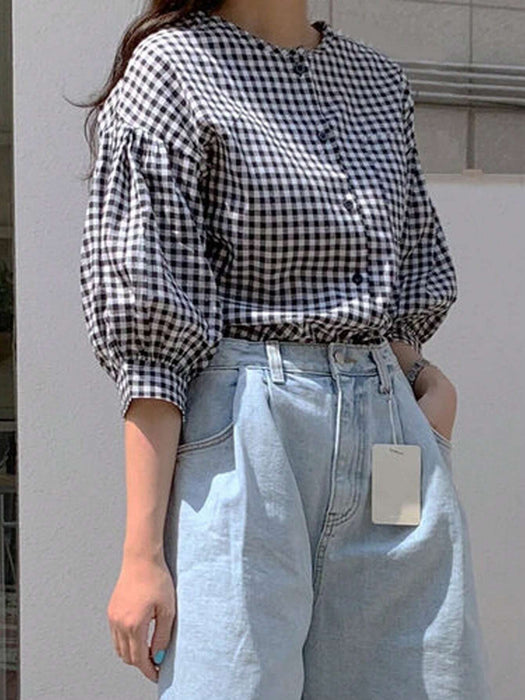SHEIN DAZY Blusa suelta de cuello redondo a cuadros con mangas de farol - Quierox - Tienda Online
