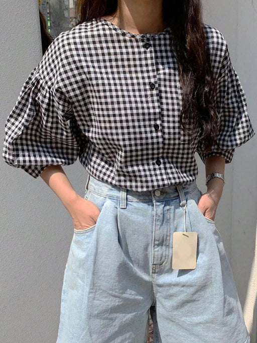 SHEIN DAZY Blusa suelta de cuello redondo a cuadros con mangas de farol - Quierox - Tienda Online