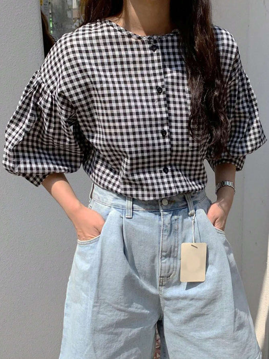SHEIN DAZY Blusa suelta de cuello redondo a cuadros con mangas de farol - Quierox - Tienda Online