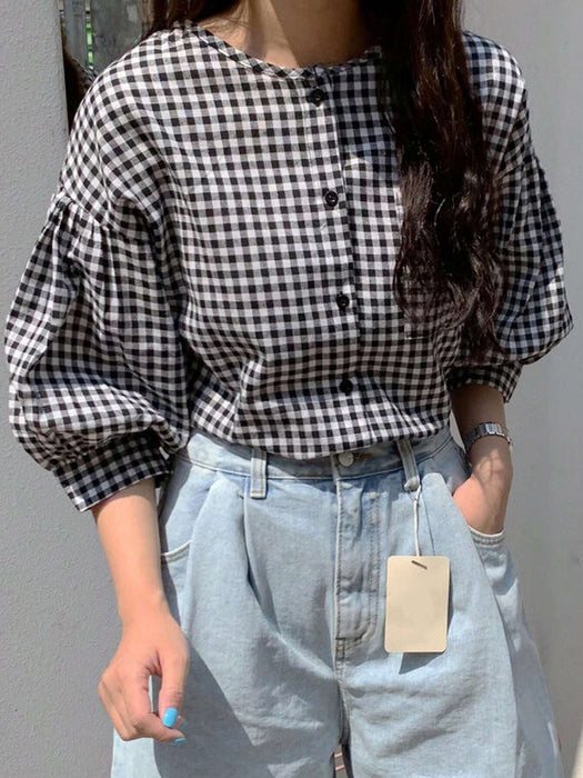 SHEIN DAZY Blusa suelta de cuello redondo a cuadros con mangas de farol - Quierox - Tienda Online