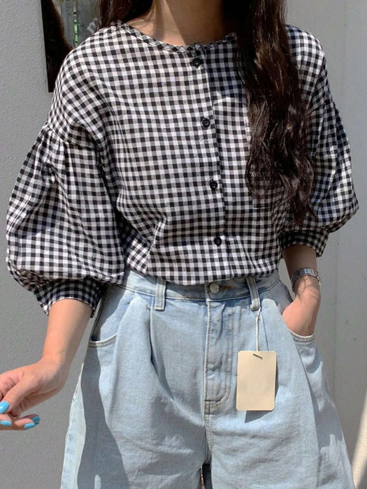 SHEIN DAZY Blusa suelta de cuello redondo a cuadros con mangas de farol - Quierox - Tienda Online