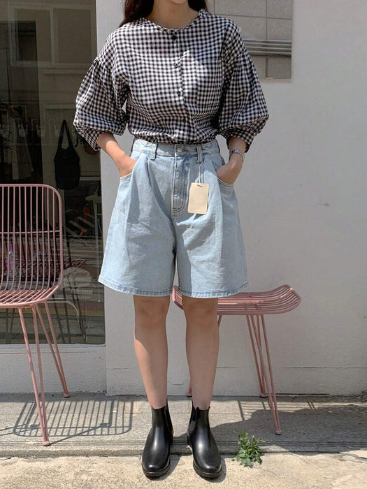 SHEIN DAZY Blusa suelta de cuello redondo a cuadros con mangas de farol - Quierox - Tienda Online