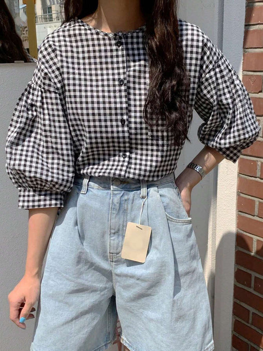 SHEIN DAZY Blusa suelta de cuello redondo a cuadros con mangas de farol - Quierox - Tienda Online