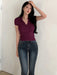 SHEIN DAZY Camiseta de manga corta con cuello en V y solapa de color liso para mujer - Quierox - Tienda Online