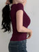 SHEIN DAZY Camiseta de manga corta con cuello en V y solapa de color liso para mujer - Quierox - Tienda Online