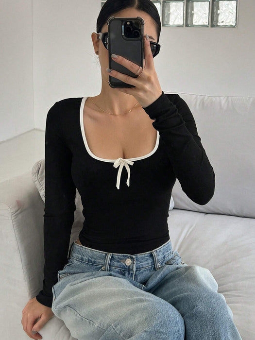 SHEIN DAZY Camiseta de mujer ajustada con lazo estilo ballet - Quierox - Tienda Online