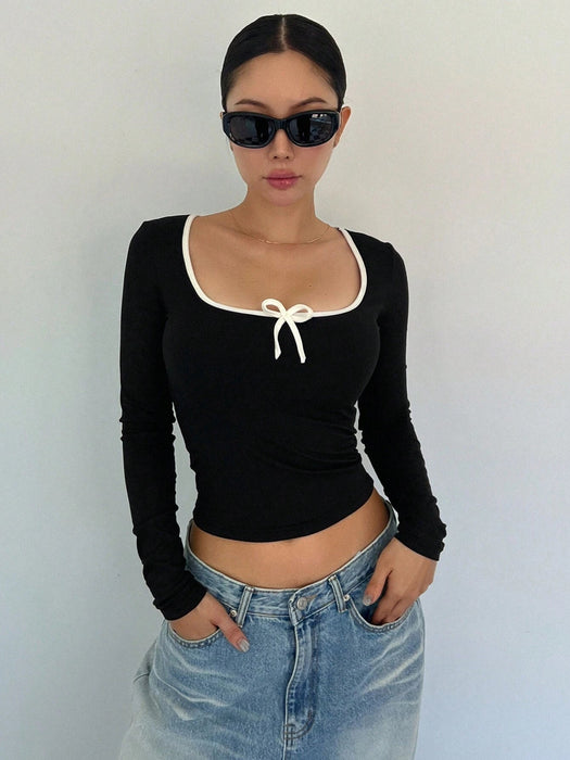 SHEIN DAZY Camiseta de mujer ajustada con lazo estilo ballet - Quierox - Tienda Online