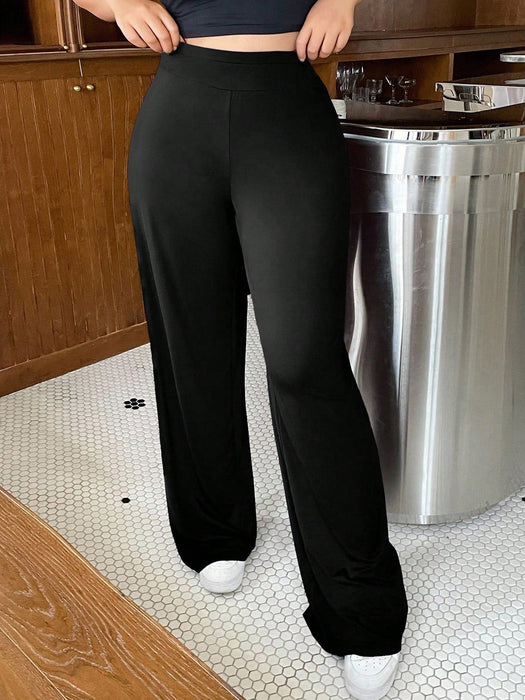 Shein Dazy Plus Pantalones casuales de punto de color liso con cintura elástica y pernera acampanada - Quierox - Tienda Online