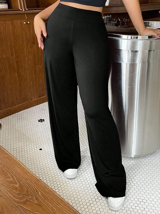 Shein Dazy Plus Pantalones casuales de punto de color liso con cintura elástica y pernera acampanada - Quierox - Tienda Online