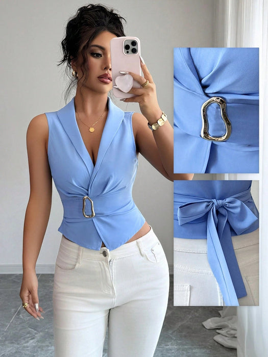 SHEIN Elenzga Camisa azul metálica con botones, estilo clásico y elegante para mujer - Quierox - Tienda Online