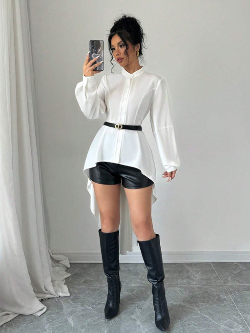 SHEIN Elenzga Camisa larga con cuello alto abierto, manga abullonada, recorte de volantes y silueta en A - Quierox - Tienda Online