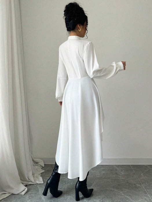 SHEIN Elenzga Camisa larga con cuello alto abierto, manga abullonada, recorte de volantes y silueta en A - Quierox - Tienda Online