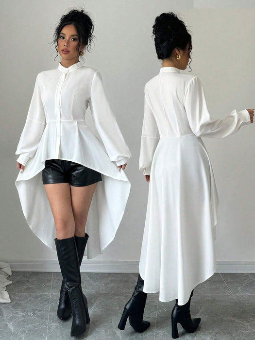 SHEIN Elenzga Camisa larga con cuello alto abierto, manga abullonada, recorte de volantes y silueta en A - Quierox - Tienda Online
