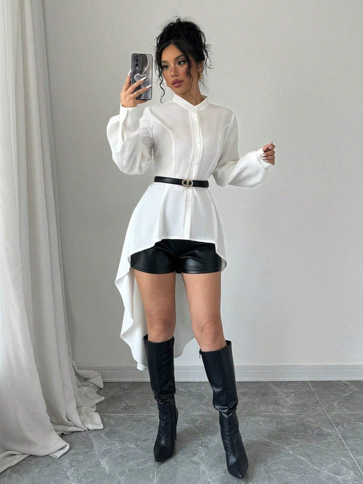 SHEIN Elenzga Camisa larga con cuello alto abierto, manga abullonada, recorte de volantes y silueta en A - Quierox - Tienda Online