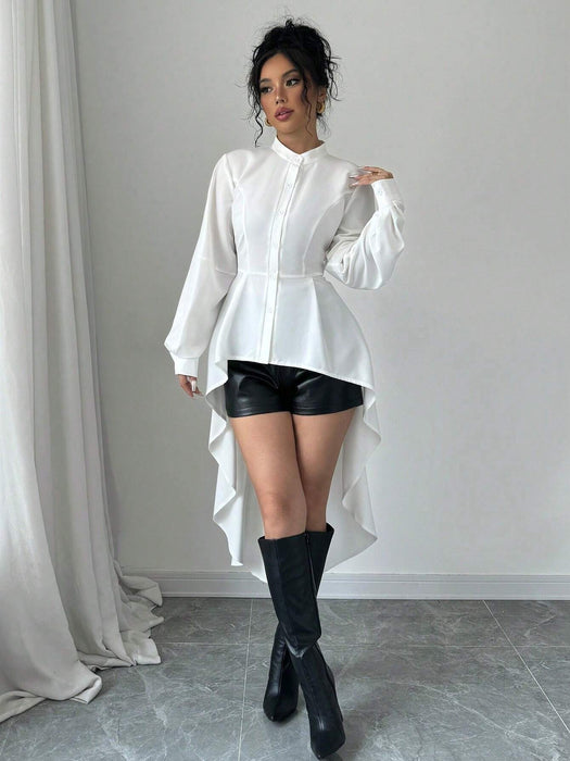SHEIN Elenzga Camisa larga con cuello alto abierto, manga abullonada, recorte de volantes y silueta en A - Quierox - Tienda Online