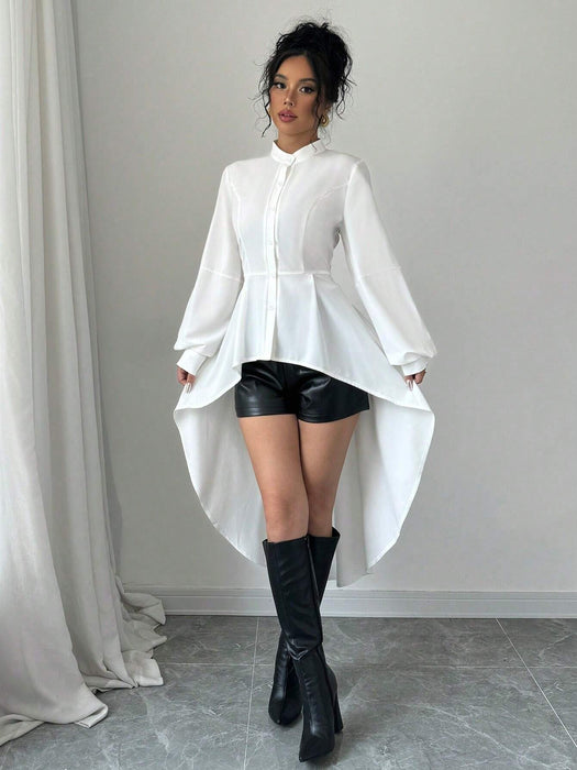 SHEIN Elenzga Camisa larga con cuello alto abierto, manga abullonada, recorte de volantes y silueta en A - Quierox - Tienda Online