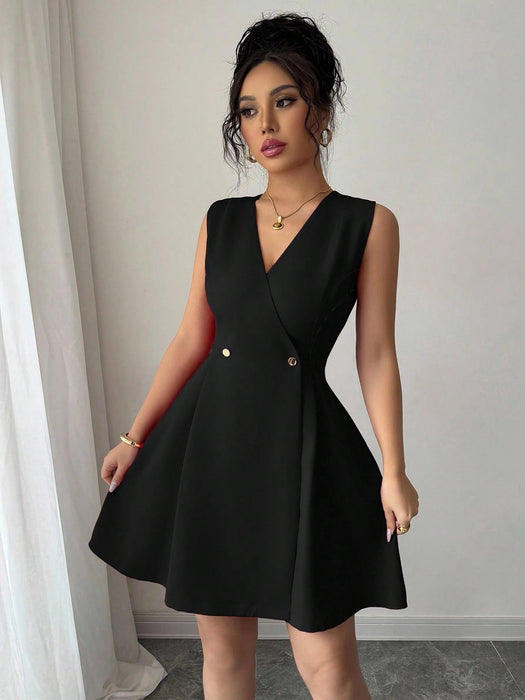 SHEIN Elenzga Vestido mini de mujer elegante con cuello en V, sin mangas - Quierox - Tienda Online