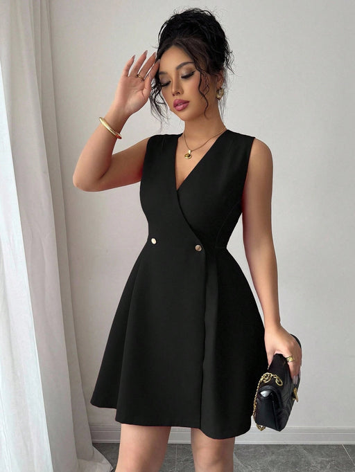 SHEIN Elenzga Vestido mini de mujer elegante con cuello en V, sin mangas - Quierox - Tienda Online