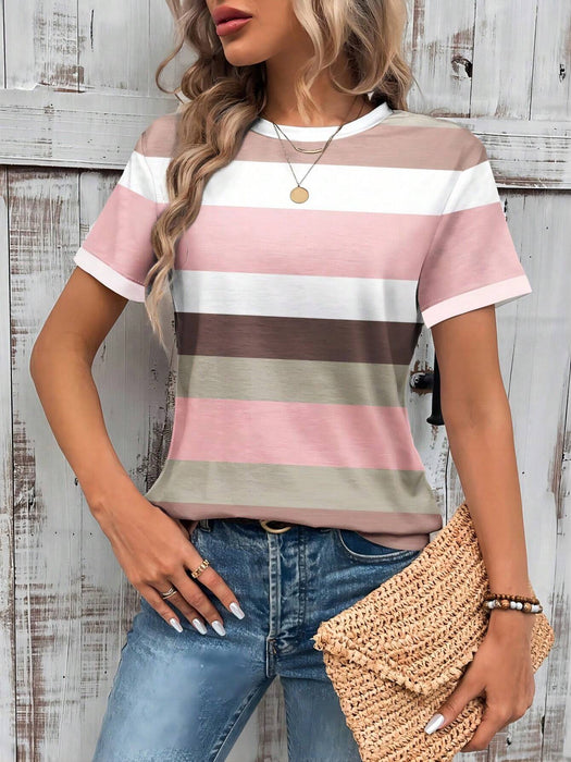 SHEIN EMERY ROSE Camiseta ajustada de manga corta con bloques de color y rayas - Quierox - Tienda Online