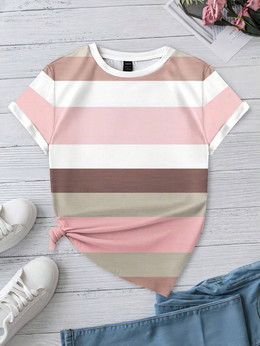 SHEIN EMERY ROSE Camiseta ajustada de manga corta con bloques de color y rayas - Quierox - Tienda Online