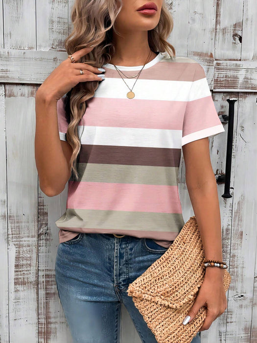 SHEIN EMERY ROSE Camiseta ajustada de manga corta con bloques de color y rayas - Quierox - Tienda Online
