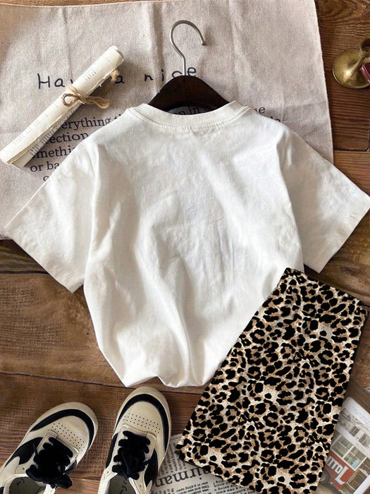 Shein Emery Rose Conjunto para niñas de camiseta de manga corta y pantalones cortos con estampado de leopardo y lazo - Quierox - Tienda Online