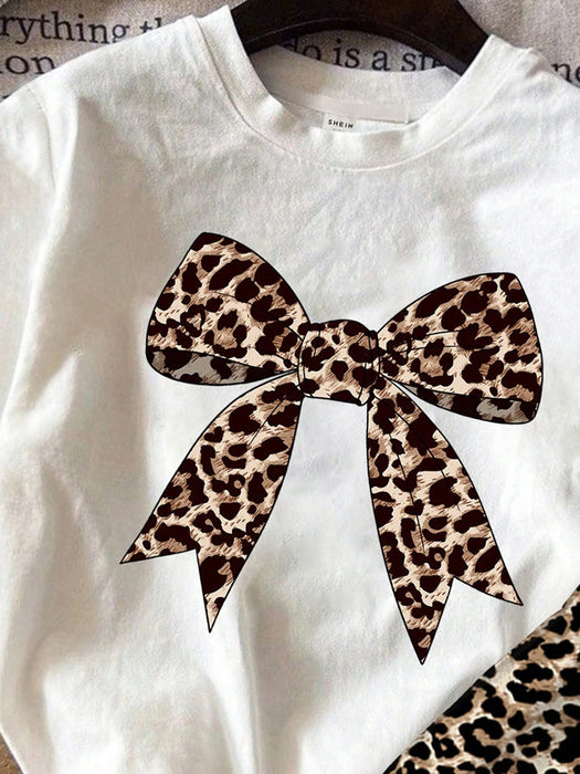 Shein Emery Rose Conjunto para niñas de camiseta de manga corta y pantalones cortos con estampado de leopardo y lazo - Quierox - Tienda Online