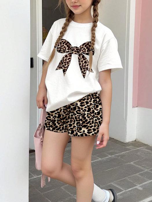 Shein Emery Rose Conjunto para niñas de camiseta de manga corta y pantalones cortos con estampado de leopardo y lazo - Quierox - Tienda Online